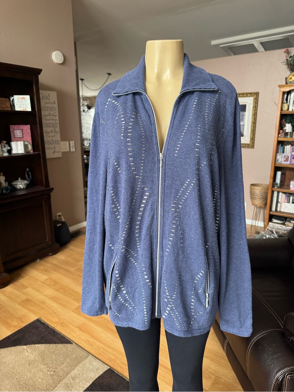 Chico's blue knit front zipper long sleeve jacket w/pockets-size XL
